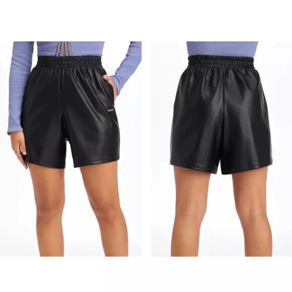 Fabletics Faux Vegan Leather Stretch Waistband Active Shorts Pockets M Black - Picture 1 of 16